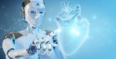 İnsan kalbi holografik tarama projeksiyonunun dijital röntgenini kullanarak bulanık arkaplan üzerindeki robot 3D
