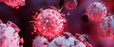 Covid-19 hastalığının mikroskobik yakın çekimi. Kırmızı Coronavirus hastalığı vücut hücrelerine yayılıyor. Mikroskop seviyesi 3D görüntüleme 2019-nCoV analizi