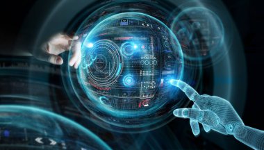 Wireframed robot ve insan el koyu arka plan 3d render dijital grafik arabirimde dokunmadan