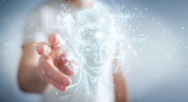Bulanık arkaplanda dijital yapay zeka holografik projeksiyon 3D görüntüleme kullanan bir adam.