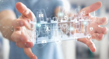 Arka planda bulanık duran ve holografik tüplere dokunan adam 3D yansıtma