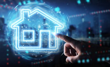 Gayri menkul dijital neon arayüzü 3D görüntüleme kullanarak insan eli koyu arkaplanda