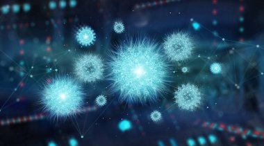 Coronavirus covid-19 hastalığının mikroskop görüntüsü. 2019-NCoV vücut hücresine yayılıyor. Bakterinin mikroskobik seviyede 3 boyutlu görüntülenmesi.