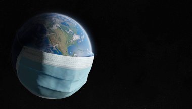 Dünya, Coronavirüs salgınından dolayı cerrahi bir maskeyle kaplandı. Covid-19 Birleşik Devletler 'e yayılıyor. 2019-Ncov, NASA tarafından desteklenen bu görüntünün 3 boyutlu elementlerini Dünya 'ya bulaştırıyor.
