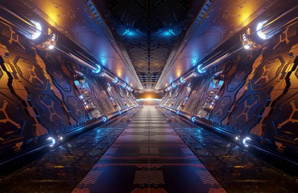 橙色和蓝色的未来派宇宙飞船内部 可以看到地球上的窗口3D图像 这是由美国航天局提供的图像元素 — 图库照片