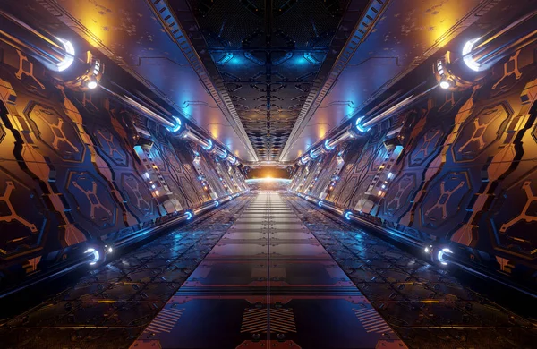 Laranja Azul Futurista Nave Espacial Interior Com Vista Para Janela — Fotografia de Stock