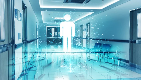 Long Hospital Blue Corridor Xray Digital Body Floating Dots Connections — Stock Photo, Image