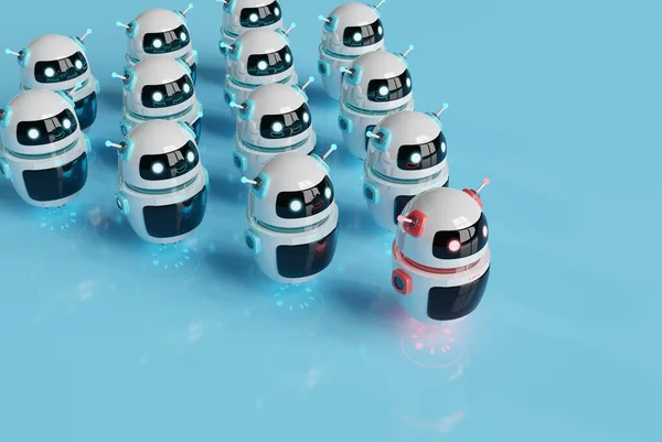 Red robot leading white robots on blue background leadership chatbot concept 3D rendering