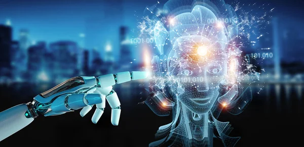Cyborg Hand Auf Verschwommenem Hintergrund Mit Digitaler Künstlicher Intelligenz Holografische — Stockfoto