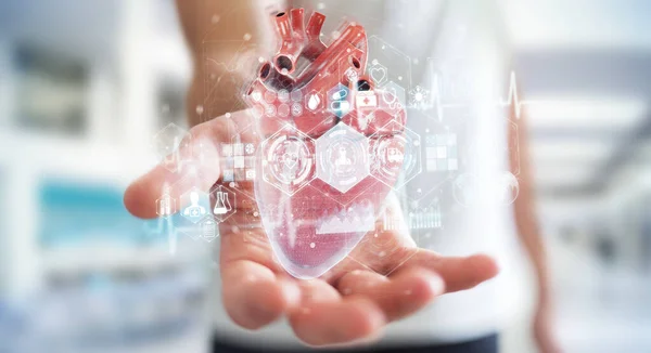 Man on blurred background using digital x-ray of human heart holographic scan projection 3D rendering