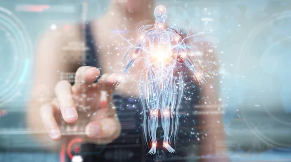 Frau Auf Verschwommenem Hintergrund Mit Digitalem Röntgenbild Des Menschlichen Körpers — Stockfoto
