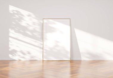Ahşap zemin mockup 3d render ile parlak beyaz iç yaslanmış dikey ahşap çerçeve