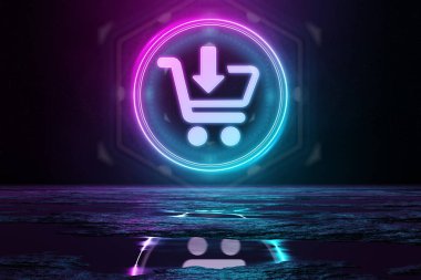 Dairedeki dijital alışveriş holografik ikonu, yeri mavi ve pembe neon ışıkla aydınlatıyor.