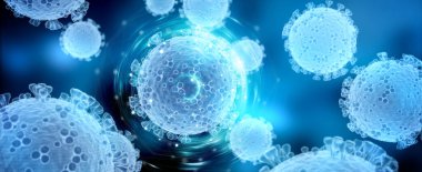 Covid-19 hastalığının mikroskobik görüntüsü. Mavi Coronavirus hastalığı vücut hücrelerine yayılıyor. Mikroskop seviyesi 3D görüntüleme 2019-nCoV analizi