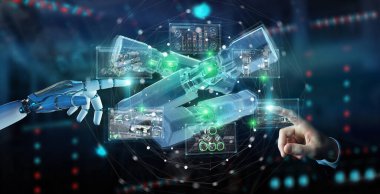 Robot el arka planda tutuyor ve yeşil yenilenebilir enerji bataryasına dokunuyor.