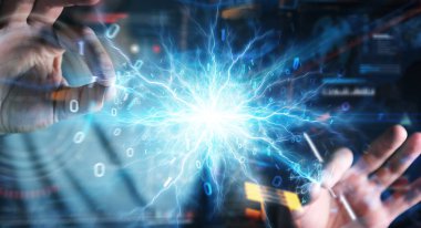 Bulanık arka plandaki işadamı yenilenebilir ve sürdürülebilir eko enerji 3D oluşturma