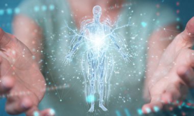 Bulanık arkaplanda, dijital x-ray insan vücut taraması projeksiyonu 3D görüntüleme kullanan bir kadın.