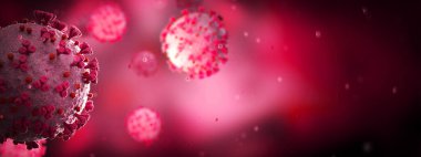 Covid-19 hastalığının mikroskobik yakın çekimi. Kırmızı Coronavirus hastalığı vücut hücrelerine yayılıyor. Mikroskop seviyesi 3D görüntüleme 2019-nCoV analizi