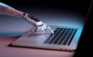 3D dizüstü bilgisayarda klavyeye basan robot el.