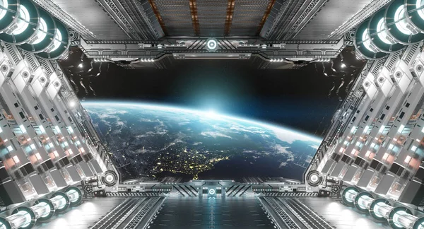 Branco Prata Futurista Nave Espacial Interior Com Vista Janela Planeta — Fotografia de Stock