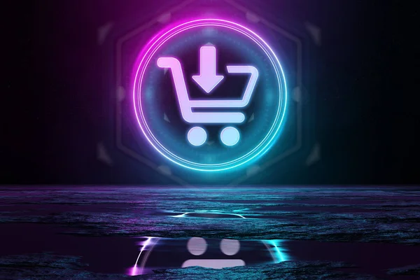 Digital Shopping Holografisk Ikon Cirkel Belyser Golvet Med Blått Och — Stockfoto