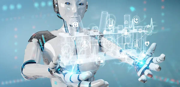 Robot Blurred Background Holding Touching Holographic Tubes Samples Projection Rendering — Stock Photo, Image