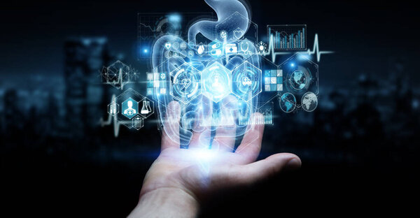 Man hand on dark background using digital x-ray of human intestine holographic scan projection 3D rendering