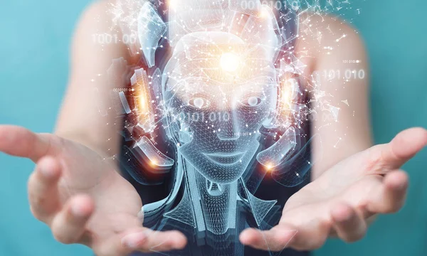 Mujer Sobre Fondo Borroso Utilizando Proyección Holográfica Inteligencia Artificial Digital — Foto de Stock