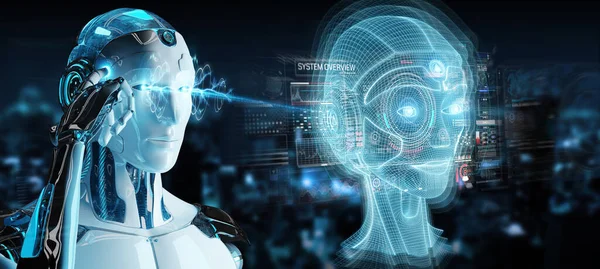 Robô Branco Fundo Desfocado Usando Interface Cabeça Inteligência Artificial Digital — Fotografia de Stock