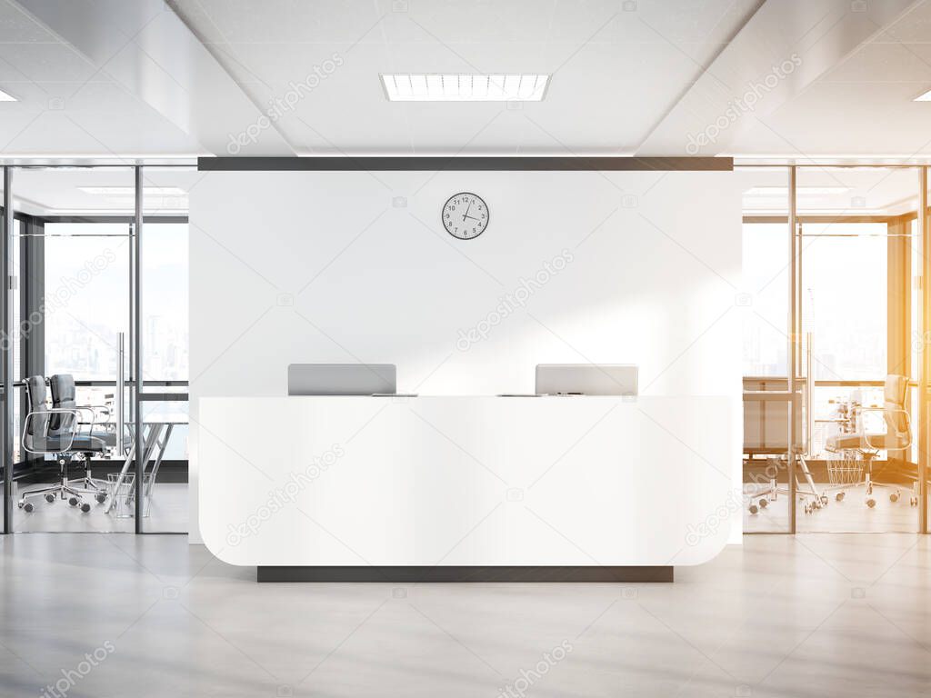 Blank white reception desk in bright concrete office with large windows Mockup 3D rendering