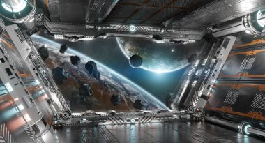 Beyaz ve gümüş fütüristik uzay gemisi. Uzaktaki gezegen sisteminde pencere manzaralı. NASA tarafından desteklenen bu görüntünün 3 boyutlu görüntüleme elementleri.