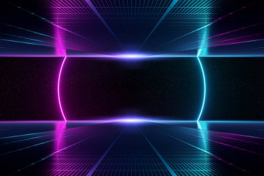 Mavi ve pembe neon ışık çemberine çıkan soyut arka plan koridoru metalik zemin 3D görüntüleme