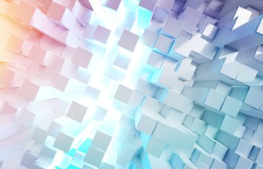 Parlak beyaz ve renkli soyut kareler arkaplan deseni 3B oluşturma