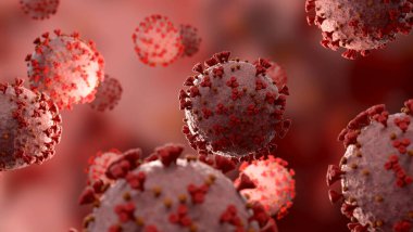 Covid-19 hastalığının mikroskobik yakın çekimi. Kırmızı Coronavirus hastalığı vücut hücrelerine yayılıyor. Mikroskop seviyesi 3D görüntüleme 2019-nCoV analizi