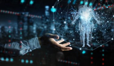 İnsan eli bulanık arkaplanda dijital x-ray insan vücudu holografik tarama projeksiyonu 3D