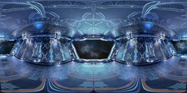 Renkli uzay gemisinin iç kısmının yüksek çözünürlüklü HDRI panoramik görüntüsü. 360 panorama yansıması 3D fütüristik uzay aracı odası görüntüleme