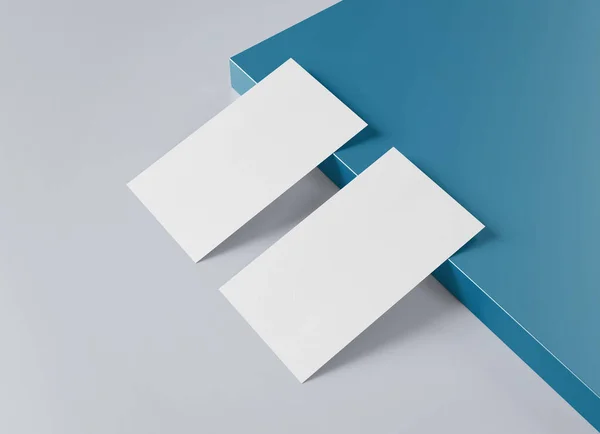Dois Brancos Cartão Visita Mockup Deitado Sobre Fundo Azul Cinza — Fotografia de Stock