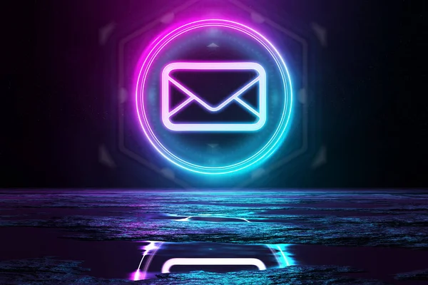 Digitální Emailová Holografická Ikona Kruhu Osvětlující Podlahu Modrým Růžovým Neonovým — Stock fotografie
