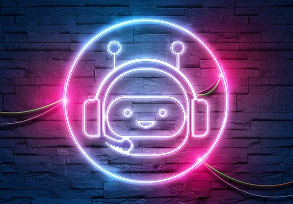 Chatbot Neon Σωλήνες Εικονίδιο Φωτίζει Έναν Τοίχο Από Τούβλα Μπλε — Φωτογραφία Αρχείου