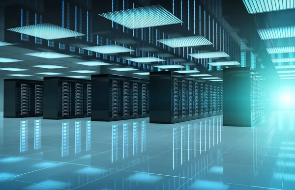 Dark Servers Datacenter Kamer Met Heldere Halo Licht Door Corridor — Stockfoto