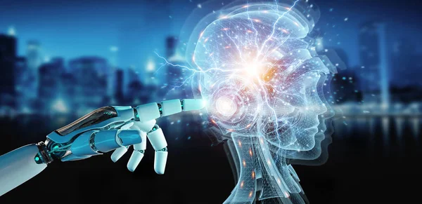 Cyborg Kéz Elmosódott Háttér Segítségével Digitális Mesterséges Intelligencia Holografikus Vetítés — Stock Fotó