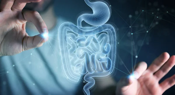 Homem Fundo Escuro Usando Raio Digital Projeção Holográfica Varredura Intestino — Fotografia de Stock