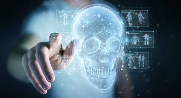 Man Blurred Background Using Digital Ray Skull Holographic Scan Projection — Stock Photo, Image