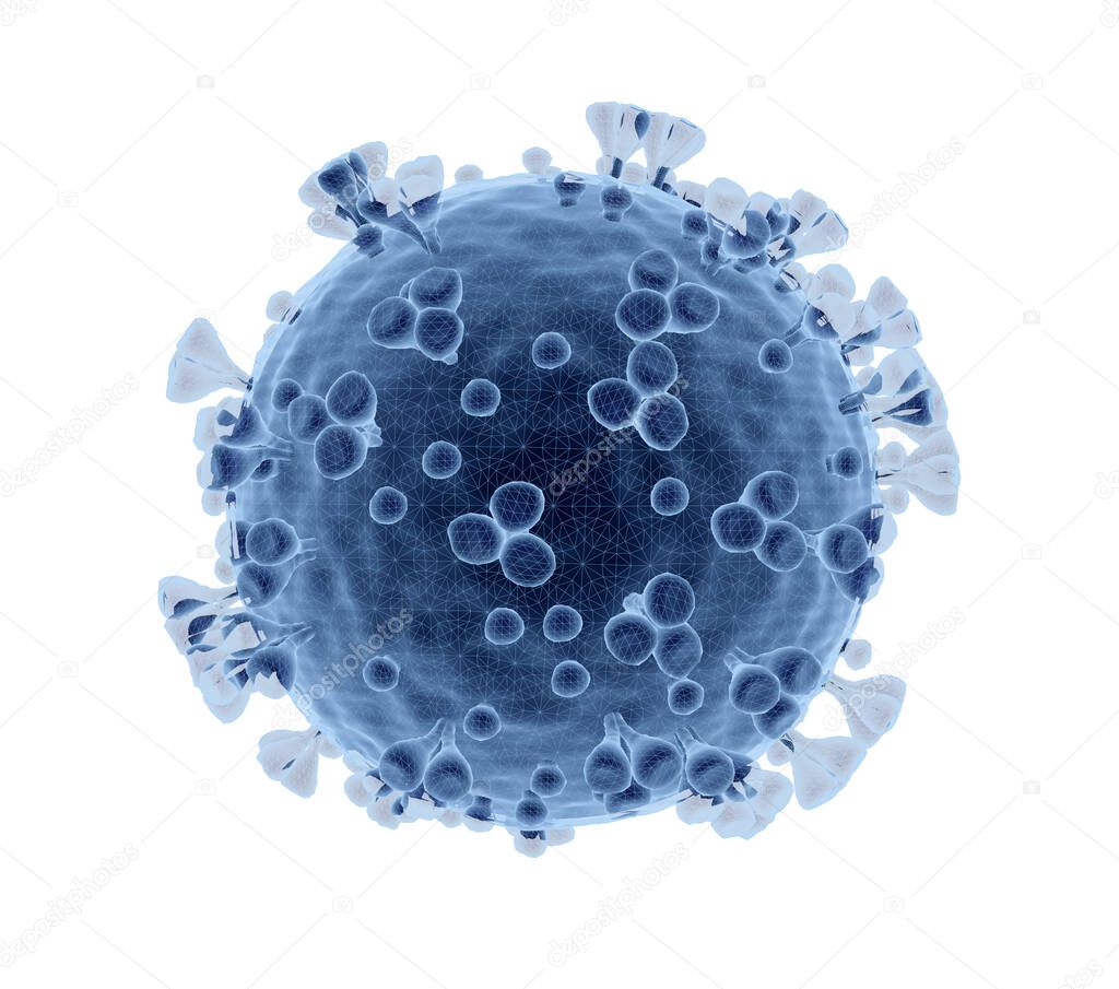 3D rendering of the coronavirus on a microscopic level isolated on white background. Microscope close-up of the covid-19 disease. 2019-nCoV virus view on microscope