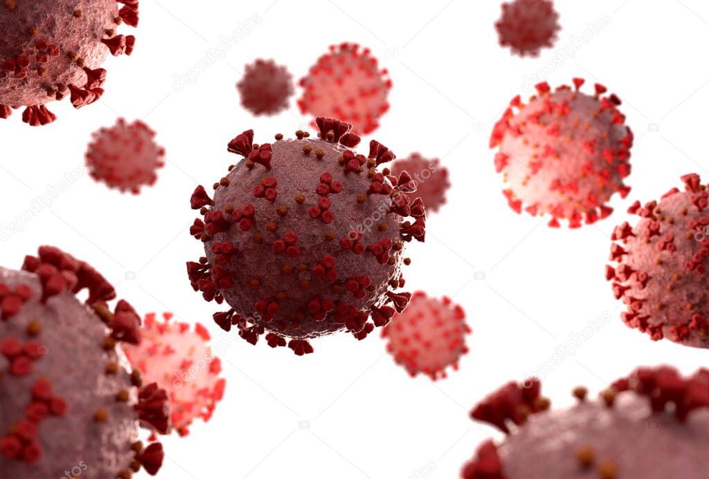 3D rendering of the coronavirus on a microscopic level isolated on white background. Microscope close-up of the covid-19 disease. 2019-nCoV spreading in body cell 