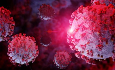Coronavirus 'un mikroskobik seviyede 3 boyutlu görüntülenmesi. Covid-19 hastalığının mikroskop görüntüsü. 2019-nCoV vücut hücresine yayılıyor 