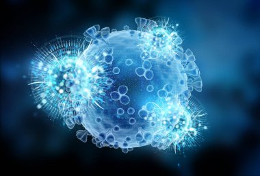Covid-19 hastalığının mikroskobik görüntüsü. Mavi Coronavirus hastalığı vücut hücrelerine yayılıyor. Mikroskop seviyesi 3D görüntüleme 2019-nCoV analizi