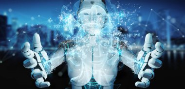 Dijital yapay zeka holografik projeksiyonunu kullanarak bulanık arkaplan üzerindeki Cyborg 3D görüntüleme