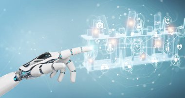 Robot el arka planda bulanık duruyor ve holografik tüplere dokunuyor.