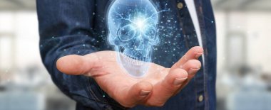 Bulanık arkaplan üzerinde dijital x-ray kafatası holografik tarama projeksiyonu 3D görüntüleme kullanan bir adam
